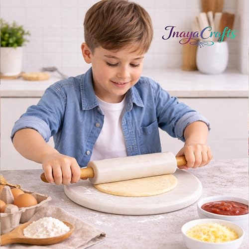 Image of Marble Chakla Belan Set, Non Stick Roti Maker Board with Rolling Pin with Wooden Handle, Durable Kitchen Tool, White, 10 Inch Board and 14 Inch Rolling Pin