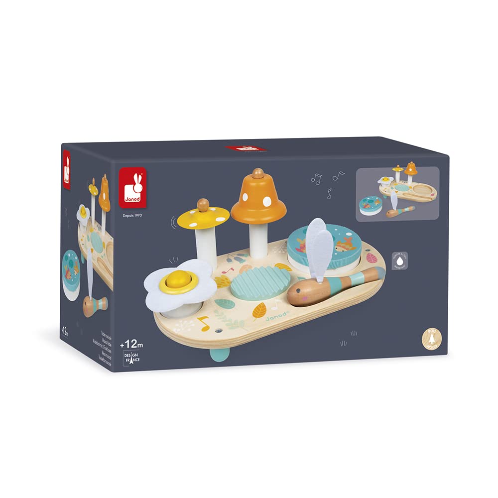 Janod - Pure Wooden Musical Table - Wooden Musical Early Learning Toy - with Cymbal, Bell and Removable Tambourine - Water Based Paint - from 3 Years Old, J05164