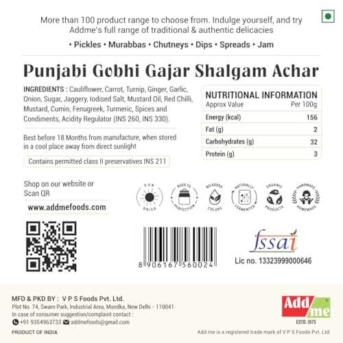Image of Add me Sweet & Sour Mixed Pickle of Gobhi shalgam gajar Pickle, 600gm Home Made Punjabi North Indian Pickle of Carrot, Cauliflower & Turnip with Onion and Garlic 600 G Glass Pack