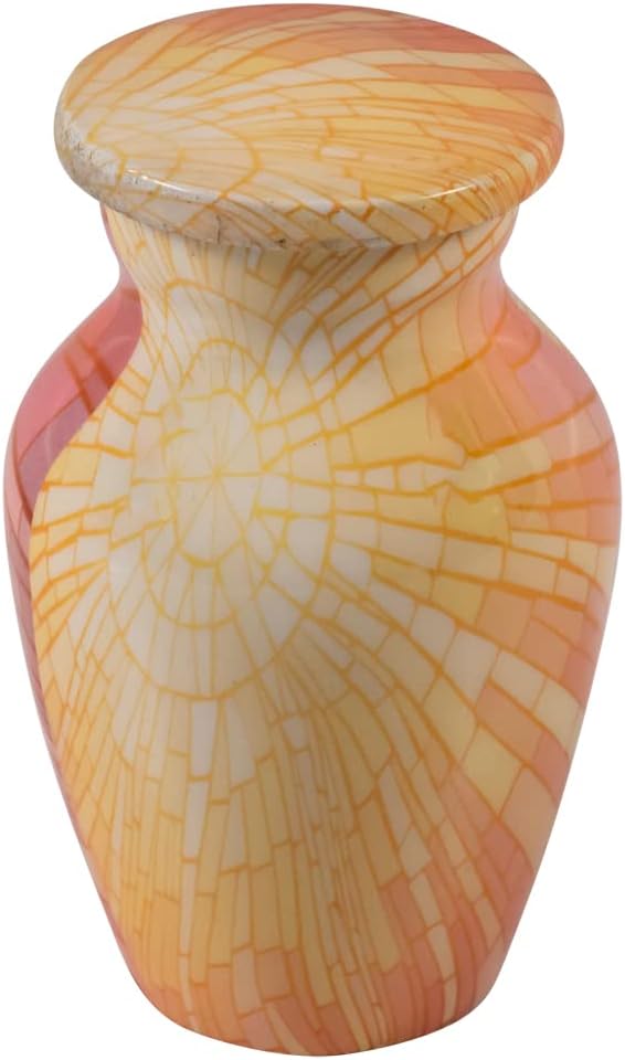 Sunburst Keepsake Cremation Urn for Ashes, Aluminum, Orange and Yellow Urn, Keepsake Sized Cremation Urn, 3 Inches High