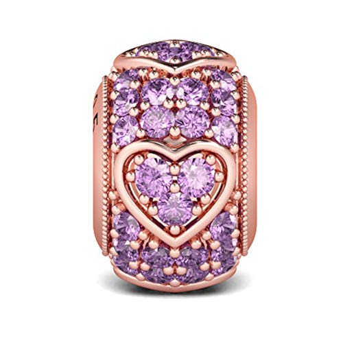 GNOCE Heart Shape Charm Bead 925 Sterling Silver Wish a Friend Twinkling Amethysts Stone Surrounded Heart Charm Fit for Bracelet/Necklace (2Rose Gold)