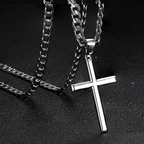 925 Sterling Silver Cross Necklace for Men Women 5mm Stainless Steel Cuban Link Chain for Men Polished Silver Cross Pendant Chain Necklace Diamond-Cut Durable Mens Jewelry Gift 16-28 Inches3