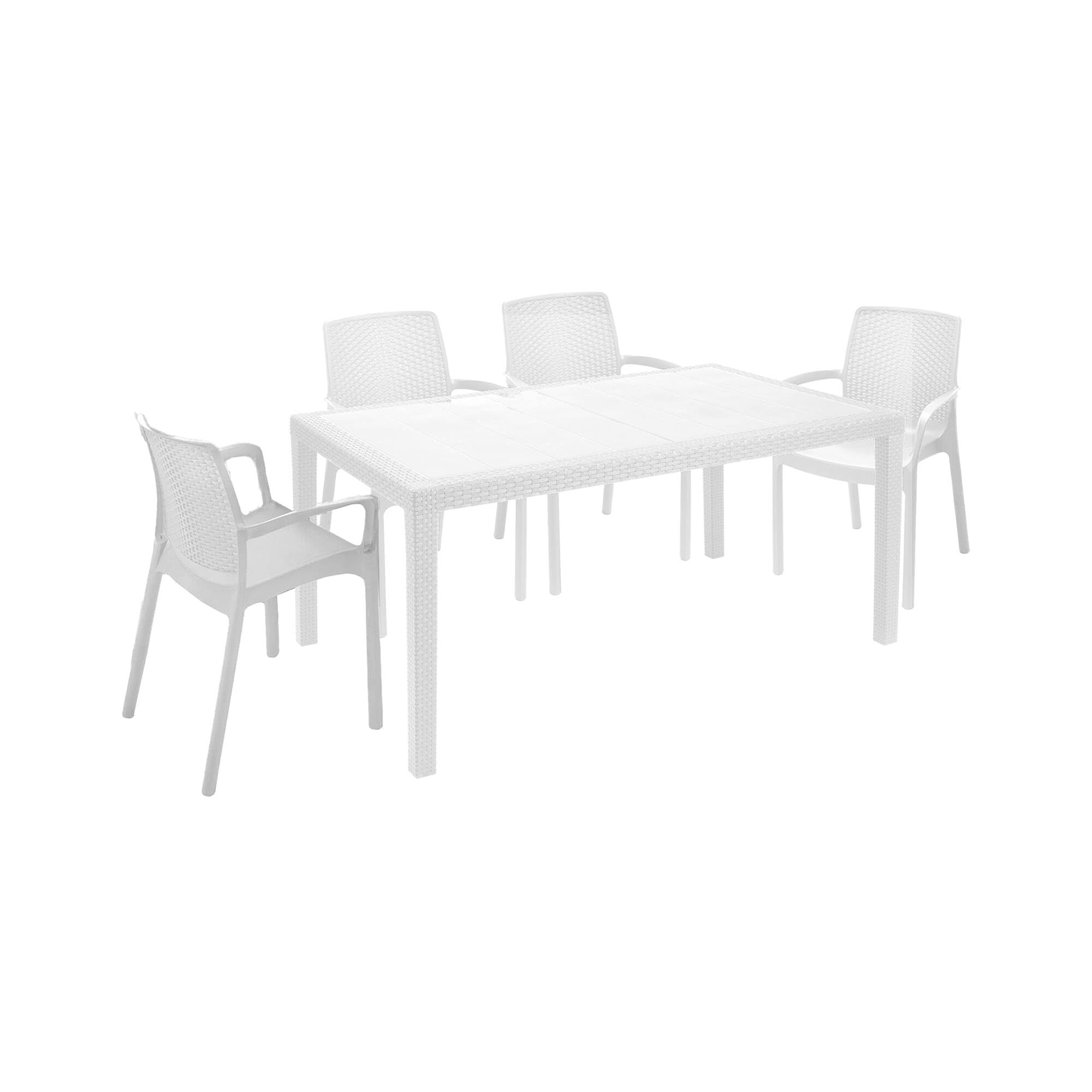 Dmora Set Salotto da Esterno Tarquinia, Salottino Outdoor e Indoor, Tavolo Rettangolare con 4 Sedie Impilabili, Bianco