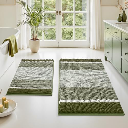 HOMEIDEAS Sage Green Bathroom Rugs 2 Piece Thick Absorbent Fluffy Striped Chenille Bath Rugs Set Non Slip Soft Shaggy Bath Mats for Green Bathroom Decor 20 x 32 Plus 17 x 24