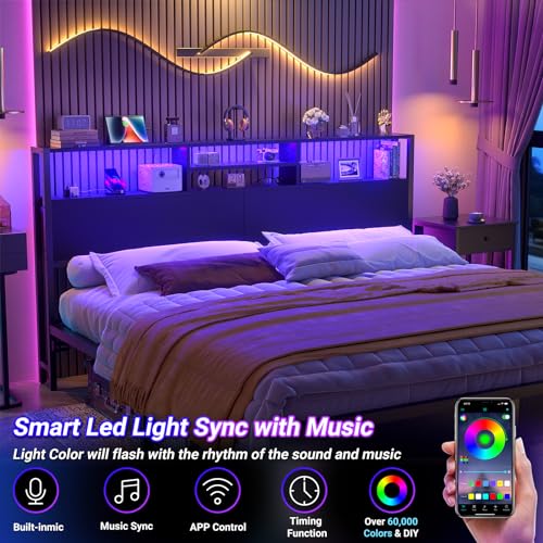 Image of Aheaplus Headboard for King Size Bed with Storage, Headboards with Outlets | King Size Head Board Only, USB Ports and LED Light, Height Adjustable, Reversible, Sturdy and Stable Headboard, Black