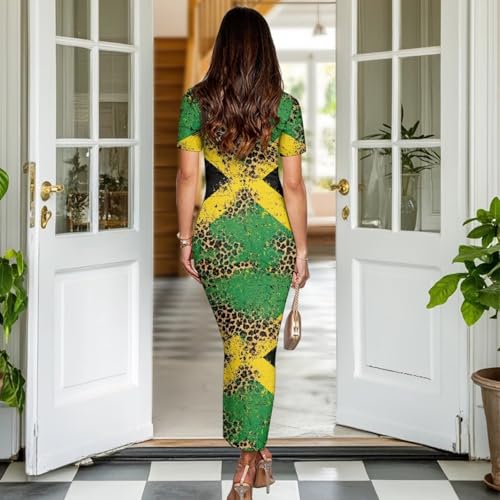 Image of Womens Short Sleeve Jamaican Flag Midi Bodycon Dress
