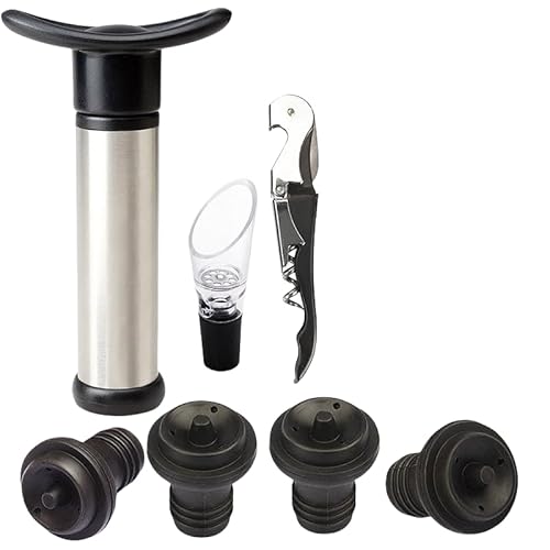 Set regalo per vino, include apribottiglie, pompa per conservare il vuoto, 4 tappi per vuoto, versatore, pompa di rimozione dell'aria riutilizzabile, mantiene fresco (acciaio inossidabile)