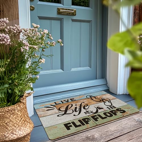 XLDLIOO Farmhouse Flip Flops Door Mat, Summer Funny Doormat, Beach Coastal Welcome Front Door Mat Outside Indoor Entrance, Beachy Artificial Coir Doormats Rugs for Patio Entry Home Decor, 30x17in - Image 2