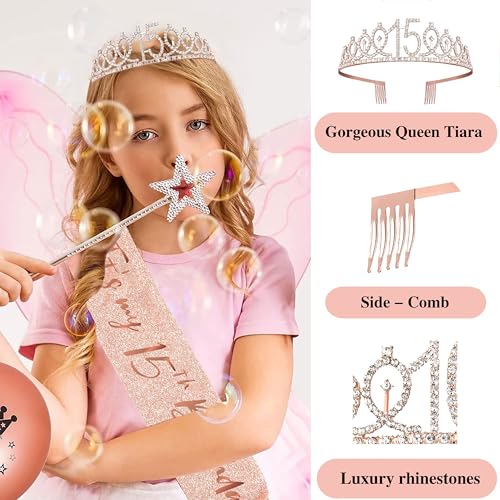 Image of 15th Birthday Decorations for Girls,Banner,Backdrop, it's my 15th Birthday Sash, Sweet Rhinestone Tiara Crown,Balloons