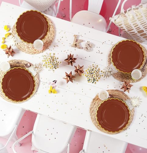 Image of HEIPINIUYE 50 Pieces Brown Paper Plates with Gold Foil 9 Inch Disposable Brown and Gold Scalloped Dinner Plates for Wedding Baby Shower Birthday Party Dessert Plate