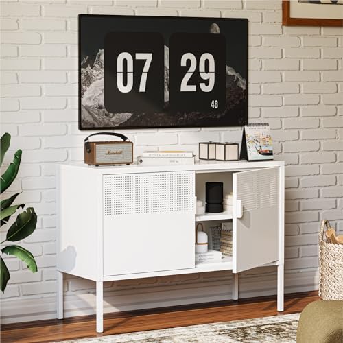 Image of COFaR TV Stand for TVs up to 75 Inch, 40''L Media Console with Ventilation Doors, Metal Entertainment Center with Adjustable Shelves & 120Lbs Storage for Living Room & Bedroom, White