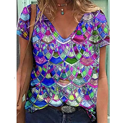 Janepam Women T-Shirt Summer Tops Plus Size Short Sleeve Dandelion Geometric Tree Graphic Print Pattern Loose Tee Blouse(C Blue Geometric,Large)
