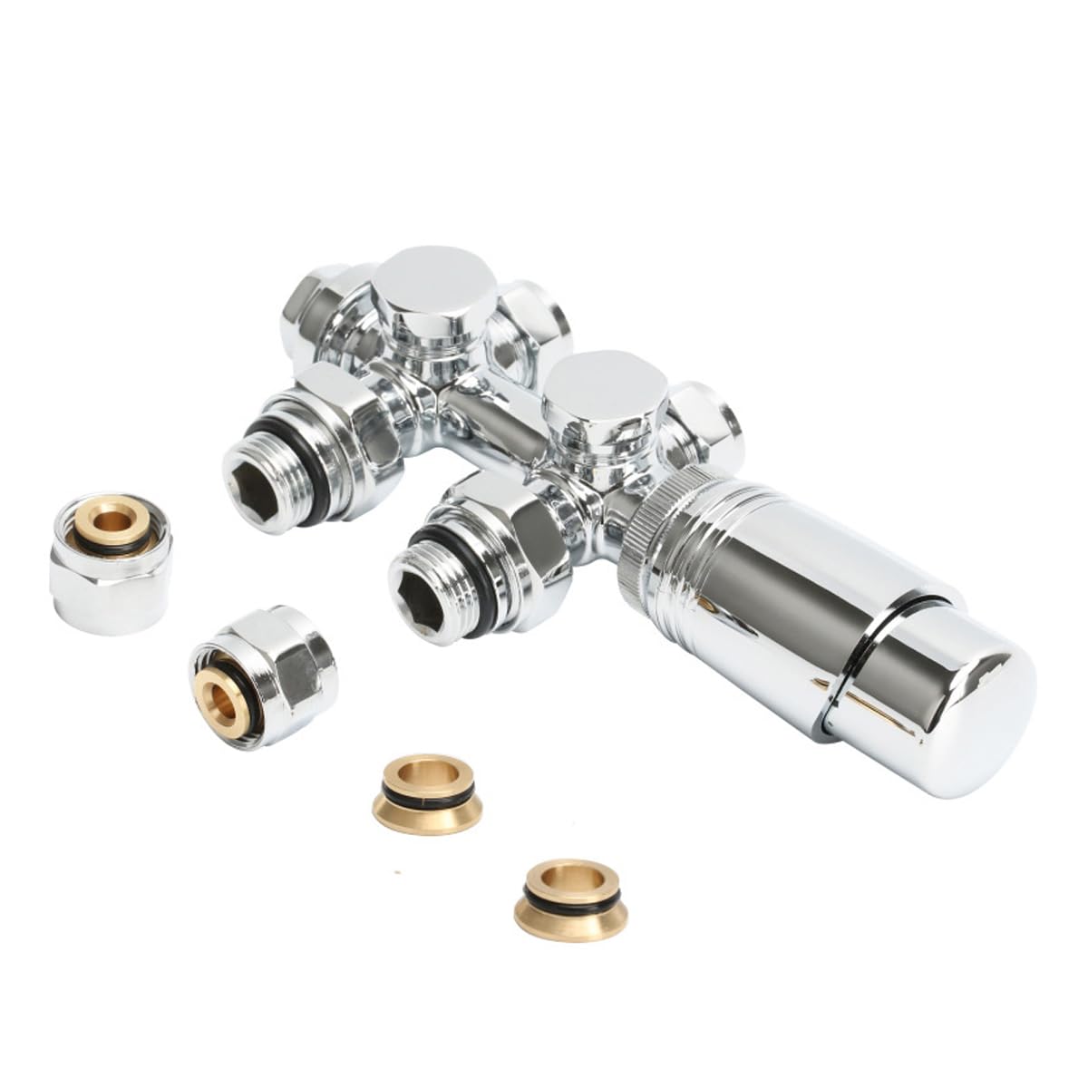 Válvulas multibloque para radiadores centrales, válvulas para radiadores con conexiones centrales en H, válvula universal para radiador de 50 mm con cabezal termostático (cromada)