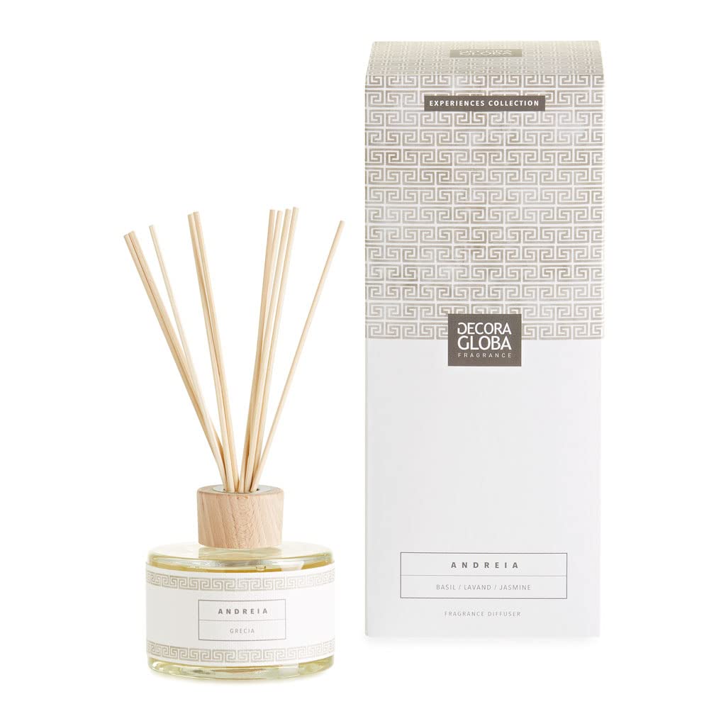 DECORAGLOBA - Ambientador Mikado, Difusor de Perfume - Fragancia ANDREIA - Aroma Verde y Fresco - Colección Grecia Experience (250ml)