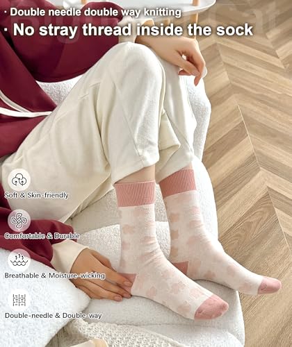Image of IIG 3-5 Pairs Womens Vintage Cozy Crew Socks Soft Cute Neutral Cotton Socks Exquisite Patterns Socks Gift