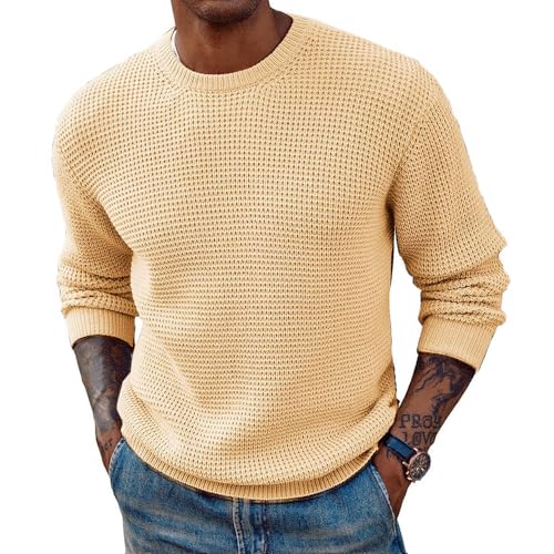 Mens Waffle Trendy Crew Neck Pullover Sweater Top Casual Oversized Long Sleeve Knitted Sweaters for Men