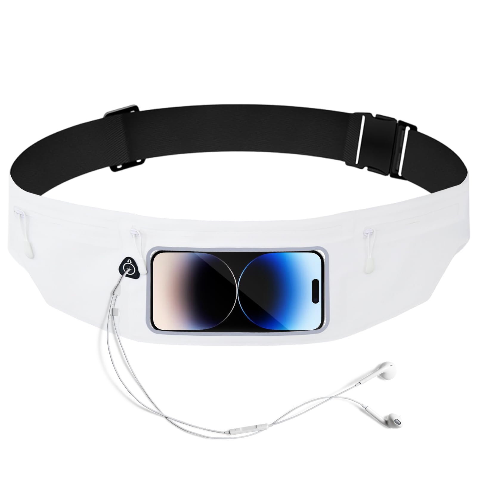 Running Belt Waist Pack with Touchscreen Phone Window, Adjustable Elastic Band, Headphone Port, Black (White)
