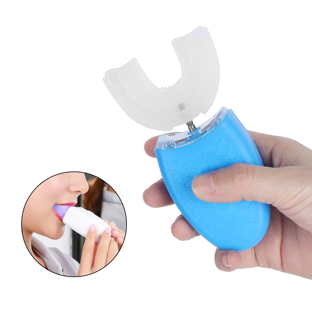 Cepillo de dientes eléctrico de silicona en forma de U recargable a prueba de agua Cuidado bucal ultrasónico Cepillo de blanqueamiento de limpieza de dientes con 4 modos(Azul)