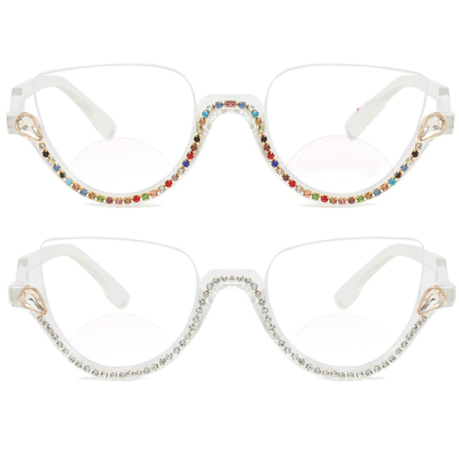 mincl 2Pcs Cat Eye Bifocal Reading Glasses for Women Bling Rhinestone Magnified Blue Light Blocking Reader Glasses (2pcs-colorful&white, 2.5, multiplier_x)