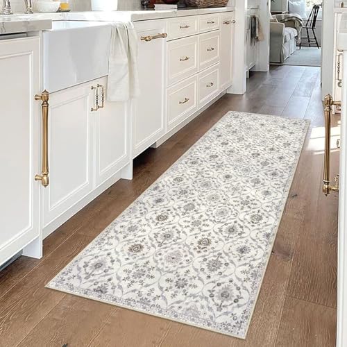 KILOCOCO 2x5 Runner Rug, Moroccan Super Soft Washable Hallway Entryway Runner Rug, Accent Print Faux Wool Kitchen Runner Rug 5 Feet Non-Slip Runners Boho Rug Runners for Bedroom, Cream Beige Grey