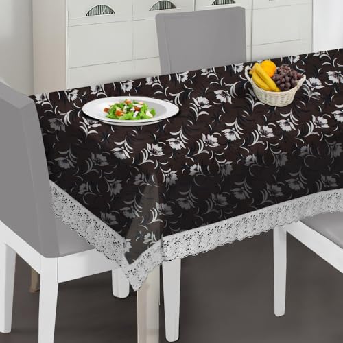 Image of The Furnishing Tree Waterproof PVC Rectangle Shaped 8 Seater Table Cover WxL 60x108 inches Floral Pattern Dark Brown with White Border lace