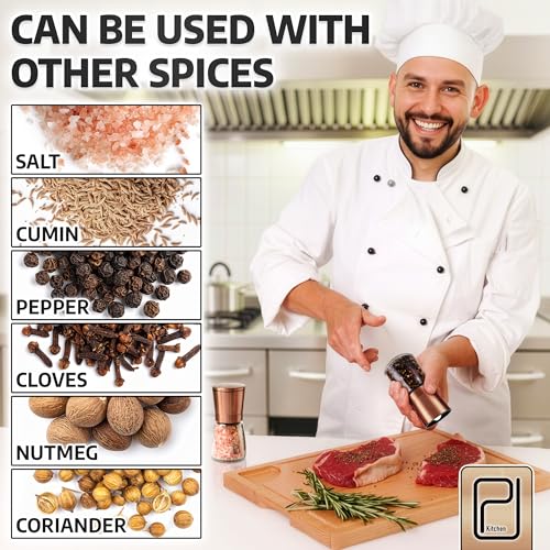 Foto von Premium Salz- und Pfeffermühlen Set mit Bambushalter - 170 g, Kupfer Edelstahl - Nachfüllbares und Verstellbares Handmahlwerk - von PJC-Kitchen