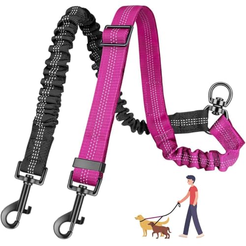 Guinzaglio Doppio per Cani, Flexi Guinzaglio per Due Cane con Gancio Girevole A 360° Anti-Groviglio, Regolabile Guinzagli Canis Ammortizzante per Cani Di Piccola, Media E Grande Taglia (Nero+Fucsia)