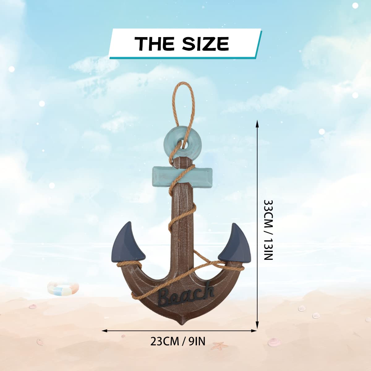 Drewniane koło statku z motywem morskim, 33 cm, 33 cm, drewniana kotwica z liną, łodzią morską, kierownicą, sterem, kotwica, sztuka ścienna, dekoracja, wisząca ozdoba na drzwi, motyw plażowy