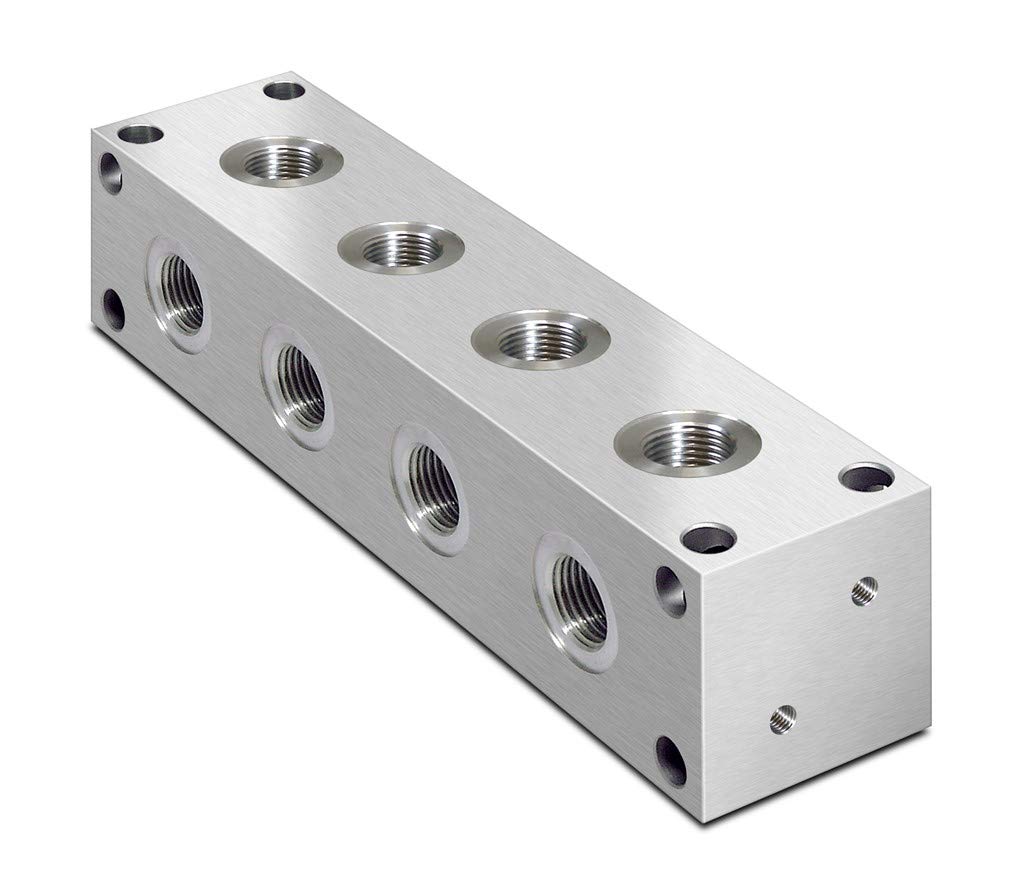 Colector hidráulico de aluminio tipo L, 4 estaciones, entrada BSP de 1/4", puertos de servicio BSP de 1/4"