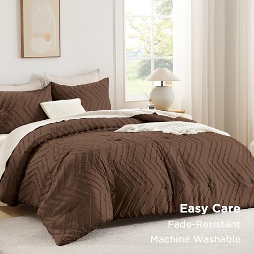 Image of Andency Brown Comforter Set Full Size, Boho Soft Warm Tufted Bedding Comforter Sets for Full Size Bed, 3 Pieces Aesthetic Chevron Farmhouse Cute Bohemian Textured Bed Set