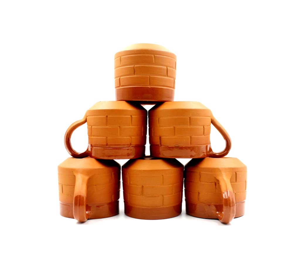 DEVICE OF ESVAR STONECRAFT ...EVERY STROY IS UNIQUE EVERY HOME IS DIFFERENT..... ES Handmade Ceramic Terracotta ClayTea Cup with Entic Traditional Brick Design Set 6 Pcs-120 ml