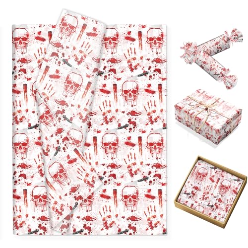ハロウィン薄葉紙 100枚、赤色スカルギフトキャンディ包装紙、手作りアート誕生日・祝祭包装紙、サイズ：13.8 x 19.7インチ