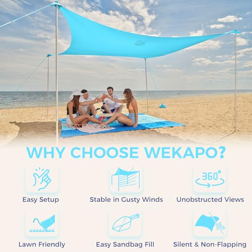 Image of WEKAPO Beach Tent Sun Shelter - Easy Setup Beach Canopy with 4 Sturdy Poles