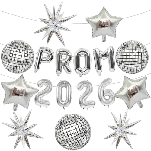 17 Pcs Prom 2026 Balloons Prom Decorations 2026 Silver Set with Disco Balloons and Star Balloons Class of 2026 Decorations for Proms Night and School Celebrations