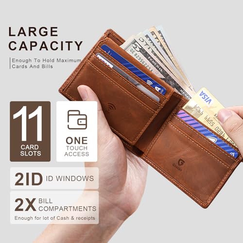 GSOIAX Premium Crazy Horse Leather Wallet for Men-Handcrafted Vintage Bifold Wallet with 11 Card Slots,2 ID Windows & 2 Cash Pockets,RFID Blocking,Gift ideas for Him (Brown)2