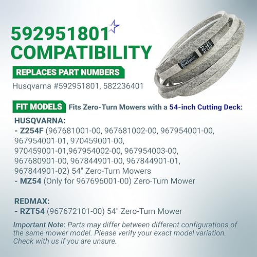 Image of BlueStars 592951801 Deck Belt | Heavy-Duty Aramid Cord Belt | 1 /2 inch x 152'' | Deck Belt for 54-inch Deck Husqvarna Z254F Zero-Turn Mowers RedMax RZT54 Zero Turn 54 inch Deck Mowers - Replaces 582236401