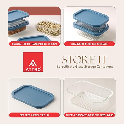 Image of ATTRO Storeit Borosilicate Glass Storage Containers - 520ml, Set of 3, Transparent & Stackable with PE Lids, Microwave, Fridge & Dishwasher Safe, Ideal for Kitchen & Leftovers- Blue