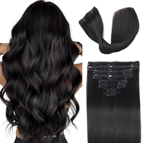 Image of Clip in Hair Extensions Real Human Hair, Human Hair Extensions Clip ins | Tangle Free, No Shedding, Human Hair Clip in Extensions, Seamless Invisible, Volume, Double Weft, 8PCS, 100g, Straight