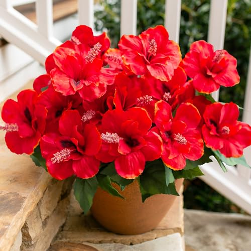 HyeFlora Artificial Hibiscus Flowers for Outdoors Faux Plant Summer Decor 4 Bundles Red Fake Tropical Flowers UV Resistant Realistic Outdoor Silk Flower for Outside Planter Porch Patio Garden Window