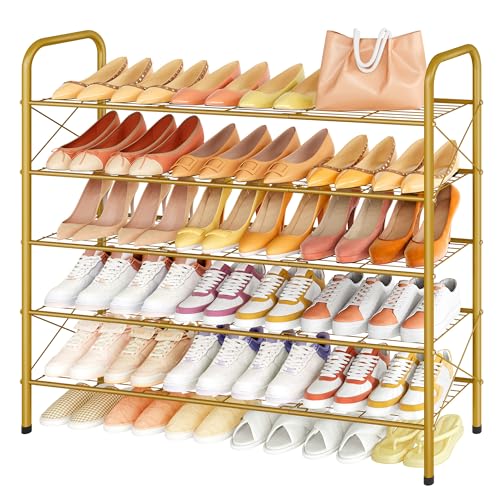 Image of Hoctieon 5 Tier Shoe Rack for Closet, Durable Mesh Style Shoe Rack, Entryway Shoe Shelf, Shoe Storage Organizer for Hallway, Bedroom, Living Room, Wardrobe, Gold