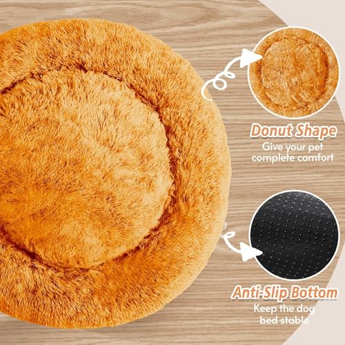 Image of JOLLYVOGUE Calming Dog Bed Medium Size Dog, 31in Donut Washable Medium Pet Bed, Anti-Slip & Anti-Anxiety Fluffy Faux Fur Round Dogs Bed, Fits up to 45 lbs Pets (Orange)