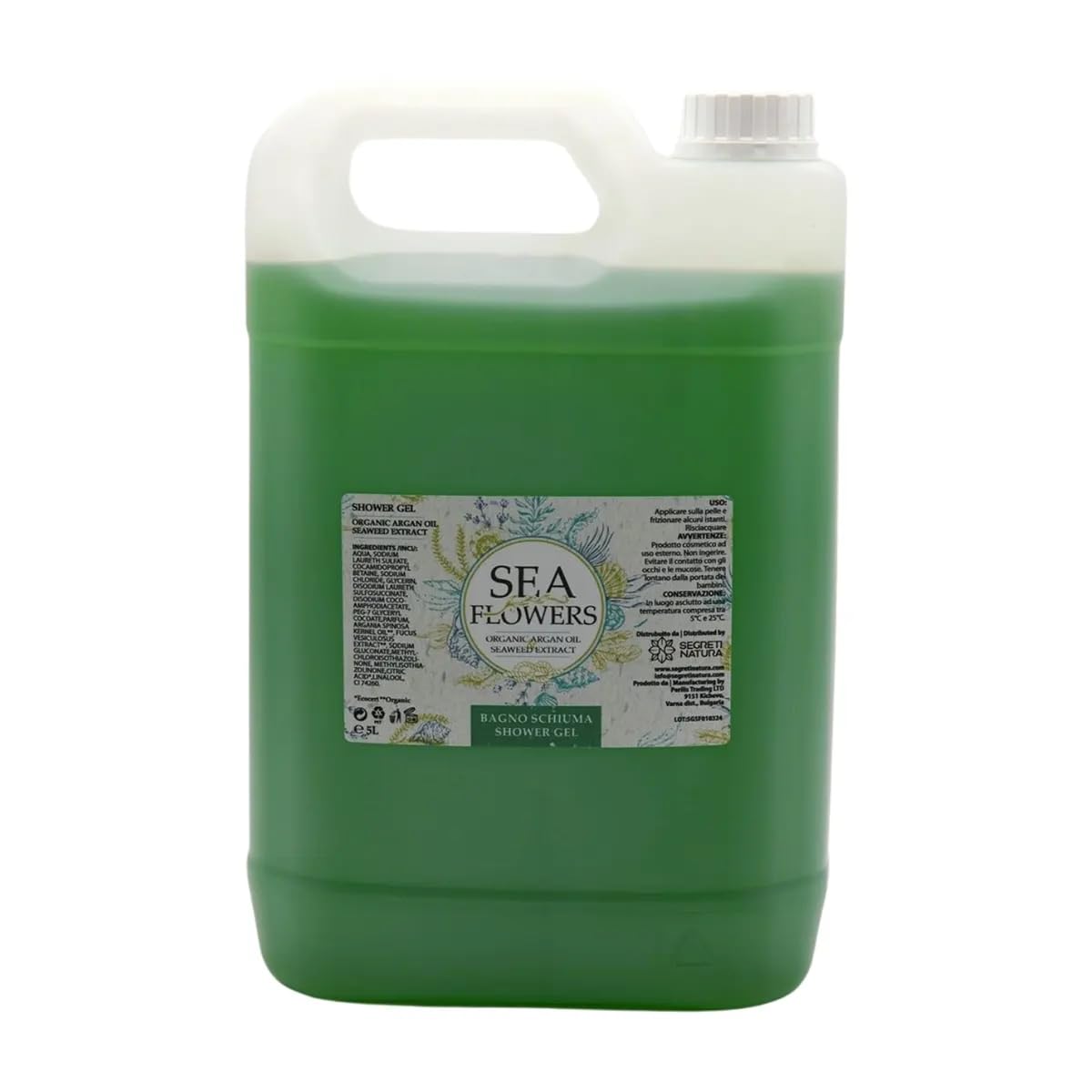 Bagnoschiuma in tanica da 5L linea cortesia Sea Flowers per hotel e b&b, ricarica bagnoschiuma con fragranza di argan bio ed estratti di alghe di mare
