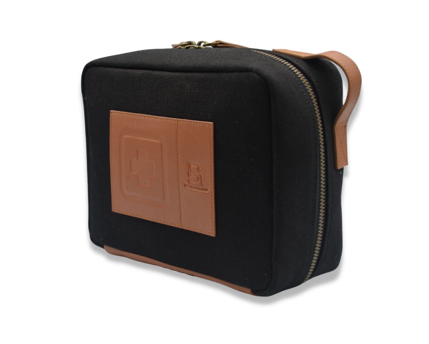 Black Leather + Canvas Medical Pouch - Compact First Aid Kit Organizer for Emergency Supplies, Medications, Bandages, and Tools - Durable, Travel-Friendly, Waterproof Design for Home, Office, Car