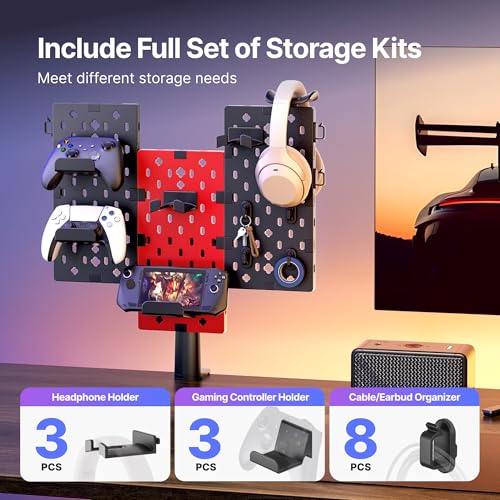 Image of PEGZONE Modular Headphone and Controller Holder for Game, Clamp-on Pegboard, Rotatable Controller Stand with Cable Hooks, Gaming Accessory for Xbox PS5 PS4 Nintendo Switch, 3Pcs Pegboard, Red