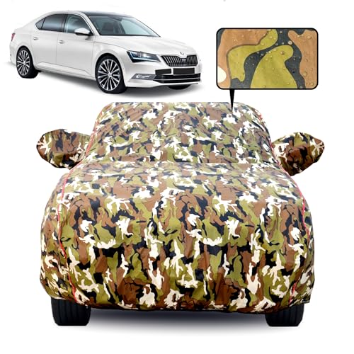 Image of Waterproof Car Body Cover for Skoda Superb with Mirror Pocket, Soft Cotton Lining, Triple Stitched, Full Bottom Elastic (Heat Resistant Jungle Print with Red Piping)