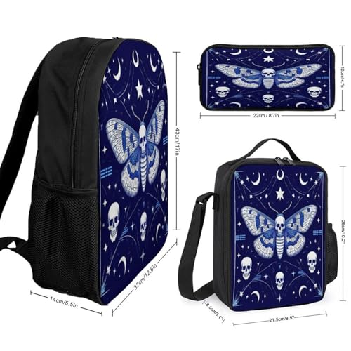 Casual Lightweight Goth Moth Dead Skull Moon Backpack for Adults, Pencil Pouch Easy to Clean, Lunch Bag with Adjustable Shoulder Strap2
