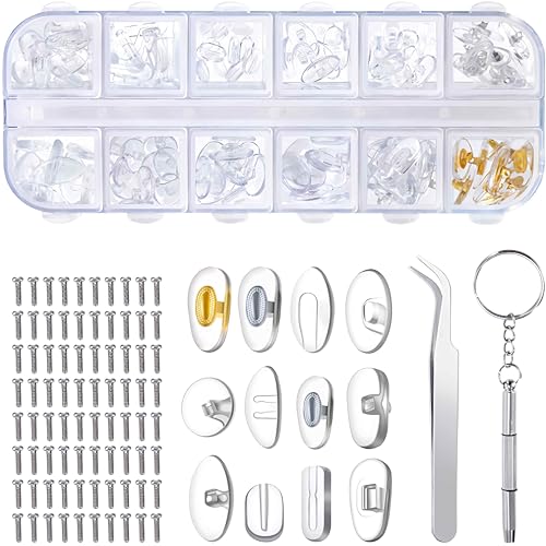 Plaquettes de Nez de Lunettes Kit de Réparation de Lunettes avec 80 Vis Pincette Petit Tournevis pour Lunettes à Visser Lunettes à Enfoncer 12 Styles 60...