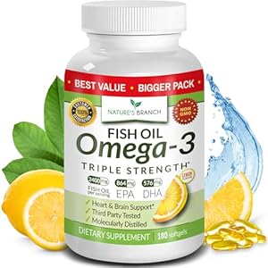 Best Triple Strength Omega 3 Fish Oil Pills – 180 Capsules – 2400mg High Potency Burpless Lemon Flavor 864mg EPA 576mg DHA Ultra Pure Liquid Softgels for Brain Joints Eyes Heart Health Supplement