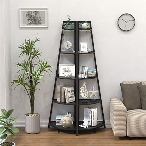 Wtz Upgraded Corner Shelf, 70.87 Inch Tall Bamboo Corner Bookshelf Stand, 5 Tier Bookshelf, Modern Bookcase, Open Ladder Book Case In Living Room, Bedroom, Office, Kitchen, Black #TOP1