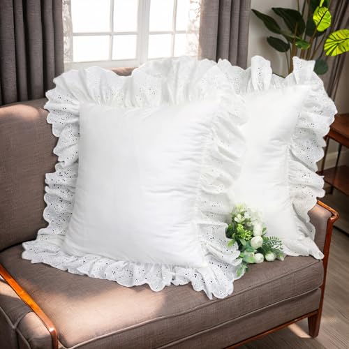 Lemfux Ruffle Pillow Case 18x18 Inch, Set of 2, Cotton Ruffle Euro Shams with Ruffles Rustic Farmhouse Lace Shabby Soft Breathable Bridal Pure White Euro Pillow Shams